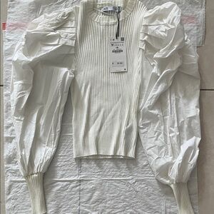 Zara Cream Ribbed Puff Sleeve Blouse
